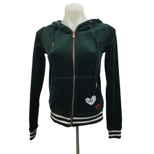 Betsey Johnson Performance Velour Love Velvet Full Zip Hoodie Jacket Green Sz XS